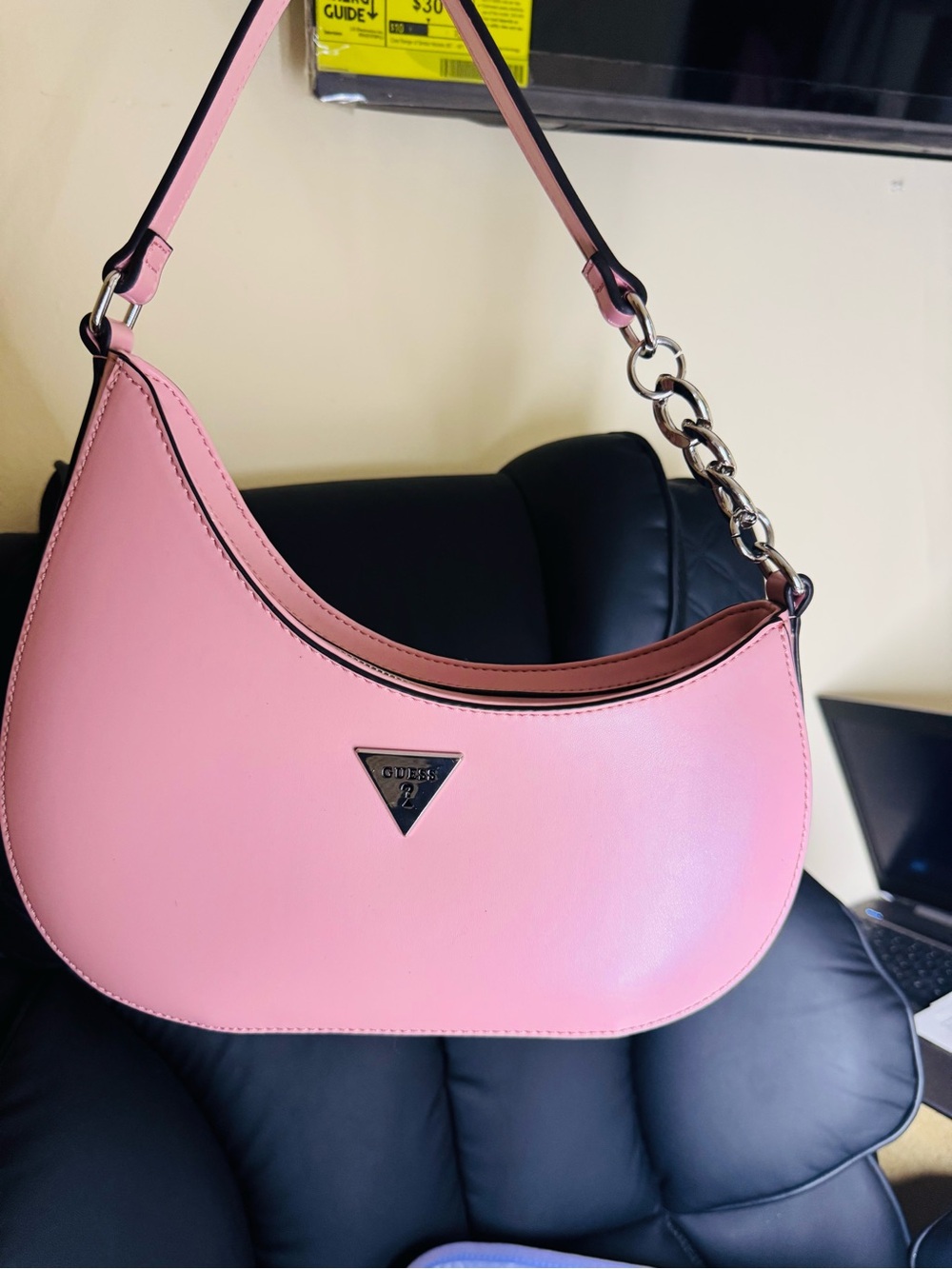 Guess Pink Crescent Shoulder Bag with Chain Accent